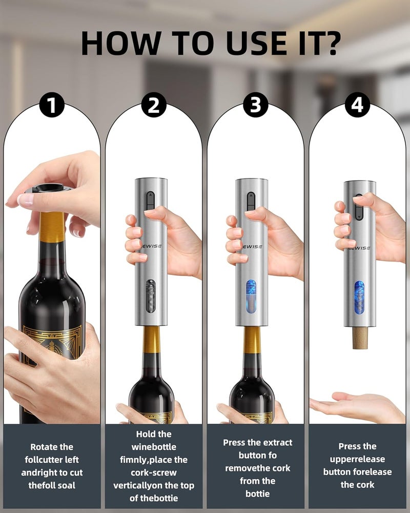 Newise Rechargeable Electric Wine Gift Set: Wine Opener, Aerator, Vacuum Stoppers & Foil Cutter - Wine Lovers Gifts for Women Men - Christmas & White Elephant Gifts - Image 3